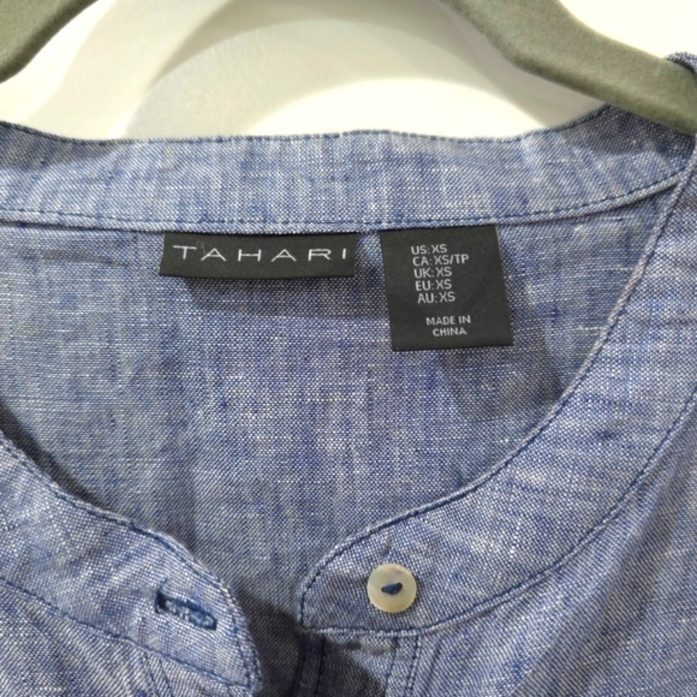 TAHARI 100 LINEN Blue Linen Tunic Dress, Henley 4 Button Placket, Pockets, XS - Picture 6 of 16
